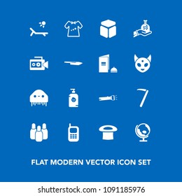 Modern, simple vector icon set on blue background with clothing, baby, mobile, sunny, map, happy, cube, monster, kid, hat, flashlight, vacation, wrench, square, world, child, space, sack, handle icons