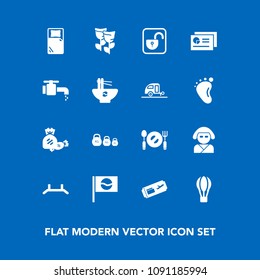 Modern, simple vector icon set on blue background with sink, candy, hot, pull, knife, japanese, bed, spoon, unlock, ticket, open, food, protection, asian, kilogram, japan, parachute, lollipop icons