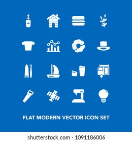 Modern, simple vector icon set on blue background with business, space, work, black, machine, saw, equipment, light, fashion, station, technology, coffee, caravan, trailer, boat, sugar, cup, sew icons
