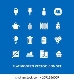 Modern, simple vector icon set on blue background with sign, parachuting, room, estate, recycle, list, real, flower, bed, garbage, blossom, brush, extreme, service, hair, mark, care, sport, sky icons