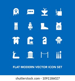 Modern, simple vector icon set on blue background with treadmill, gym, technology, sport, fork, hotel, baby, speech, child, architecture, alien, spoon, space, espresso, ufo, water, coffee, knife icons