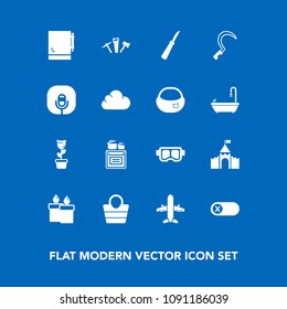 Modern, simple vector icon set on blue background with water, off, decoration, hammer, plant, modern, sea, knife, kitchen, mask, agriculture, energy, food, switch, style, bag, fashion, page, wax icons