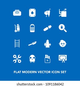 Modern, simple vector icon set on blue background with kitchen, table, award, office, frame, leather, poker, sign, reparation, cream, chocolate, space, ufo, bar, food, fiction, diploma, tool icons