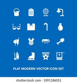 Modern, simple vector icon set on blue background with park, air, carousel, construction, transportation, garbage, color, cargo, home, food, lamp, sweet, stone, equipment, eye, shovel, london icons