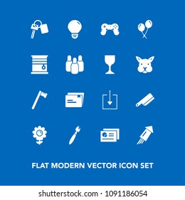 Modern, simple vector icon set on blue background with cutlery, paint, bulb, automobile, celebration, document, birthday, download, brush, event, graph, nature, report, web, vehicle, paper, sign icons
