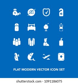 Modern, simple vector icon set on blue background with check, cone, sweet, picture, seafood, white, hotel, plane, flight, fish, penguin, airplane, ball, candy, jacket, sea, bowling, label, baby icons