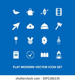 Modern, simple vector icon set on blue background with boat, check, pin, smart, party, wildlife, chef, gadget, kitchen, shipping, map, sky, sign, fence, bride, package, award, cook, technology icons
