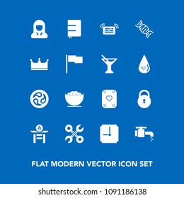 Modern, simple vector icon set on blue background with face, reparation, faucet, king, play, game, page, sign, japan, food, paper, girl, sink, culture, empty, repair, industrial, taiko, message icons
