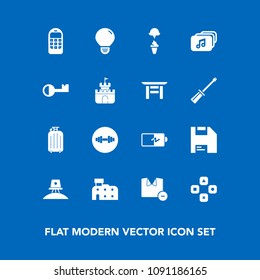 Modern, simple vector icon set on blue background with music, food, communication, fitness, telephone, clothes, fun, equipment, file, shirt, phone, old, sweet, male, spaceship, mobile, diskette icons