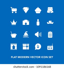 Modern, simple vector icon set on blue background with trash, dessert, commerce, home, equipment, queen, sound, volume, radio, king, cart, audio, gem, sweet, cake, shorts, garbage, wear, present icons