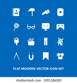 Modern, simple vector icon set on blue background with game, tool, kid, child, equipment, phone, clothes, wind, electricity, clothing, book, divider, candy, food, message, poker, energy, box icons