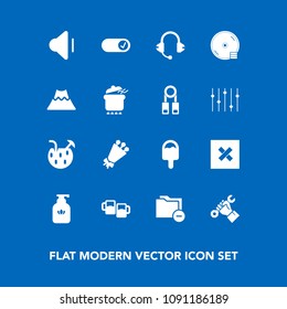 Modern, simple vector icon set on blue background with microphone, foreman, clean, floral, icecream, audio, liquid, file, music, volume, summer, closed, disk, cocktail, document, soap, industry icons