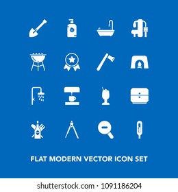 Modern, simple vector icon set on blue background with kid, glass, tool, drawer, sport, sign, web, coffee, bath, bathroom, temperature, drink, gym, wine, child, cocktail, thermometer, fitness icons