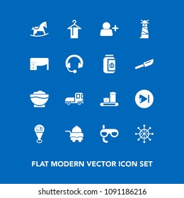 Modern, simple vector icon set on blue background with scuba, rudder, ship, bed, sport, hotel, baby, sign, vehicle, add, horse, transportation, wheel, coffee, delivery, luggage, light, toy, map icons