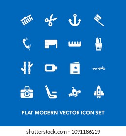 Modern, simple vector icon set on blue background with technology, asian, tool, hygiene, craft, competitive, match, care, brush, delivery, marine, battery, telephone, office, cut, clean, station icons