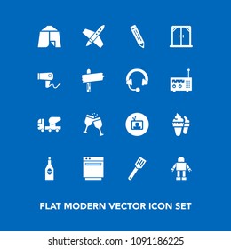 Modern, simple vector icon set on blue background with appliance, equipment, drink, window, cooking, home, house, sweet, wine, machine, dryer, cream, glass, construction, camp, ice, outdoor, pen icons