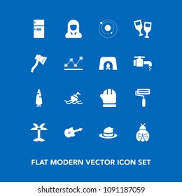 Modern, simple vector icon set on blue background with refrigerator, bug, winter, cold, roll, lady, butterfly, headwear, help, fashion, fly, lifebuoy, clothing, style, freezer, carrot, leaf, hat icons