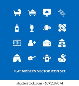 Modern, simple vector icon set on blue background with pagoda, mail, camp, add, service, play, message, culture, nutrition, account, sign, restaurant, carriage, alcohol, concept, plastic, bar icons