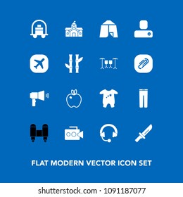 Modern, simple vector icon set on blue background with megaphone, camera, house, apple, architecture, film, service, baby, cutlery, music, government, fashion, trousers, child, technology, tent icons