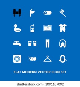 Modern, simple vector icon set on blue background with health, boat, fashion, summer, craft, luggage, clothes, brush, energy, water, rocket, sailboat, deactivate, care, service, turn, comet, off icons