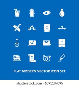 Modern, simple vector icon set on blue background with health, cold, transport, bulb, pen, chat, wedding, rocket, girl, beauty, beautiful, stationery, water, face, juice, fire, sign, , train icons