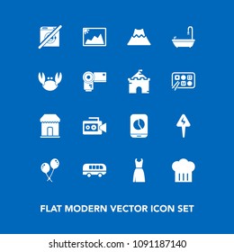 Modern, simple vector icon set on blue background with chart, sea, video, volcano, food, dress, birthday, photography, mountain, transportation, business, decoration, celebration, fashion, film icons
