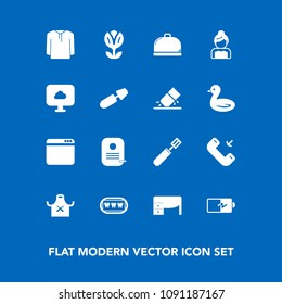 Modern, simple vector icon set on blue background with cooking, full, sign, healthy, nature, battery, identity, couple, office, food, work, dental, chief, clothing, button, call, mascara, energy icons
