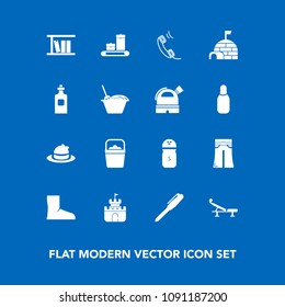 Modern, simple vector icon set on blue background with snow, communication, handle, bottle, library, luggage, house, fitness, style, bag, food, object, pen, boot, sand, salt, spice, igloo, drink icons