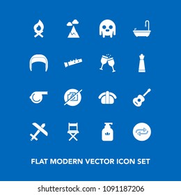 Modern, simple vector icon set on blue background with blue, bottle, no, landscape, fireplace, clean, concept, music, camera, whistle, picture, photo, hygiene, substitute, replacement, nature icons