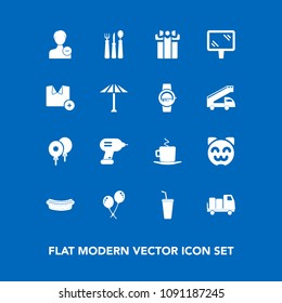 Modern, simple vector icon set on blue background with spoon, shipping, user, cappuccino, account, animal, juice, food, box, birthday, cup, cute, industry, cold, road, sign, coffee, drink, knife icons