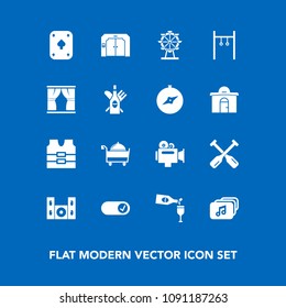 Modern, simple vector icon set on blue background with oar, camera, drink, wine, curtain, red, music, water, eye, alcohol, equipment, glass, , exercise, service, compass, technology, speaker icons