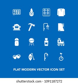 Modern, simple vector icon set on blue background with restaurant, locomotive, shower, train, healthy, salt, food, jacket, river, grill, corn, activity, bath, scan, bar, water, stove, bbq, beer icons