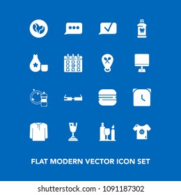 Modern, simple vector icon set on blue background with winner, modern, caffeine, care, equipment, minute, first, hour, clock, time, speech, alcohol, communication, technology, coffee, cleaner icons
