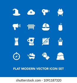 Modern, simple vector icon set on blue background with female, headwear, circus, decoration, wash, map, candle, fire, dryer, add, kitchen, loudspeaker, internet, communication, wax, sign, cloud icons