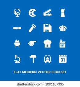 Modern, simple vector icon set on blue background with mailbox, biology, world, transport, referee, palette, science, truck, art, message, microscope, baggage, map, planet, meat, time, research icons