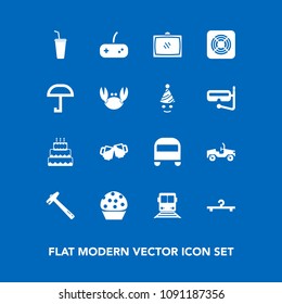 Modern, simple vector icon set on blue background with doughnut, train, cold, dessert, tool, juice, hammer, game, cake, fan, sweet, cloakroom, food, fashion, seafood, joystick, pub, umbrella, tv icons