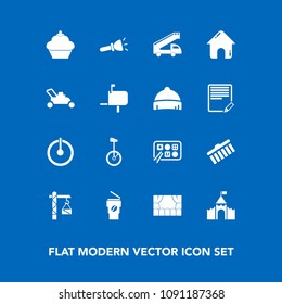 Modern, simple vector icon set on blue background with cup, hammer, flashlight, business, off, shape, sweet, estate, medieval, lawn, cake, circus, restaurant, chinese, switch, dessert, theater icons