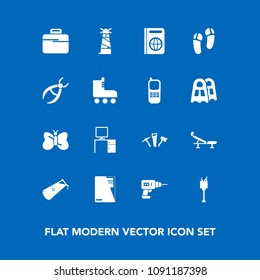 Modern, simple vector icon set on blue background with beacon, science, clinic, butterfly, ocean, beauty, hand, bucket, nature, chemical, business, machine, white, medical, ice, light, tourism icons