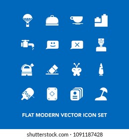 Modern, simple vector icon set on blue background with dessert, business, palm, butterfly, coffee, island, cappuccino, drink, identity, eraser, service, sweet, card, food, carrot, sky, play, sea icons