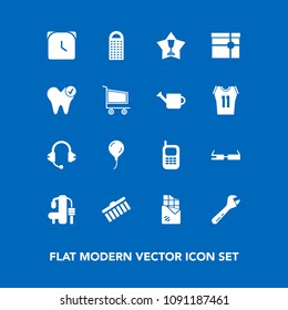 Modern, simple vector icon set on blue background with smart, stroke, bar, brush, telephone, sound, fitness, mobile, modern, time, equipment, minute, communication, birthday, cheese, winner, old icons