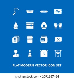 Modern, simple vector icon set on blue background with closed, business, doughnut, profile, id, agriculture, discount, health, identity, medicine, card, watch, price, clock, time, chat, glass icons