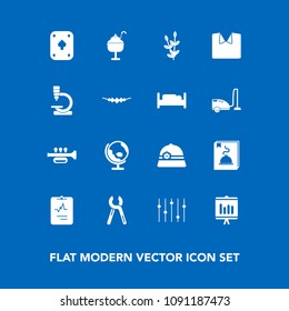 Modern, simple vector icon set on blue background with cream, poker, plant, shirt, biology, planet, wheat, globe, agriculture, heart, grain, document, harvest, science, clothing, dessert, repair icons