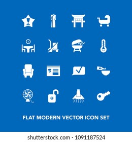 Modern, simple vector icon set on blue background with shipping, dress, torii, menu, key, air, bbq, fan, scale, protection, barbecue, achievement, winner, food, glass, fashion, place, carriage icons