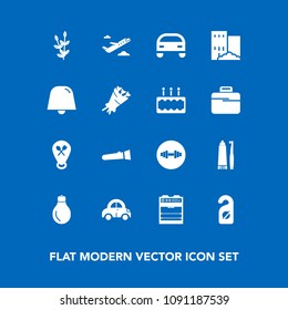 Modern, simple vector icon set on blue background with label, bulb, house, privacy, energy, light, travel, automobile, toothpaste, plane, real, vehicle, health, estate, hotel, equipment, gym icons