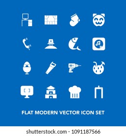 Modern, simple vector icon set on blue background with culture, office, holiday, drill, drink, work, clothes, warm, animal, computer, decoration, phone, cute, call, summer, kitty, theater, scan icons