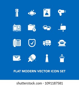 Modern, simple vector icon set on blue background with female, candle, globe, add, sweet, dress, education, decoration, menu, fashion, game, hairdryer, earth, communication, wax, strategy, truck icons