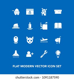 Modern, simple vector icon set on blue background with ufo, electricity, service, sign, wind, account, internet, room, dessert, sweet, lock, mill, wrench, jump, kitchen, airplane, tool, map, pie icons