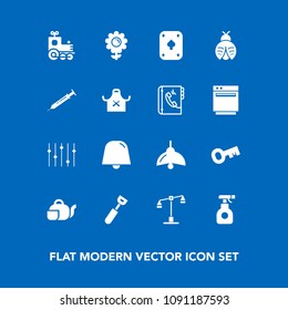 Modern, simple vector icon set on blue background with teapot, equality, spring, judge, balance, play, chemical, blossom, spray, cooking, bug, nature, pesticide, transport, spoon, justice, tea icons