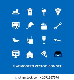 Modern, simple vector icon set on blue background with bouquet, animal, recycle, alcohol, bag, business, ecommerce, garbage, nature, folder, food, drink, bird, decoration, trash, desk, red, sale icons
