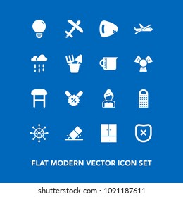 Modern, simple vector icon set on blue background with erase, musical, couple, helm, rain, eraser, grater, protection, cooking, comfortable, interior, education, cheese, wedding, plane, music icons